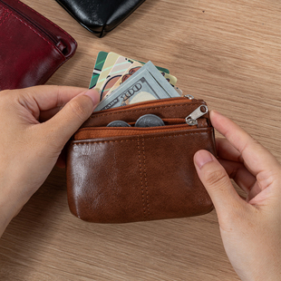 复古风油蜡皮零钱包男迷你卡包女款拉链多卡位收纳包高颜值小钱包
