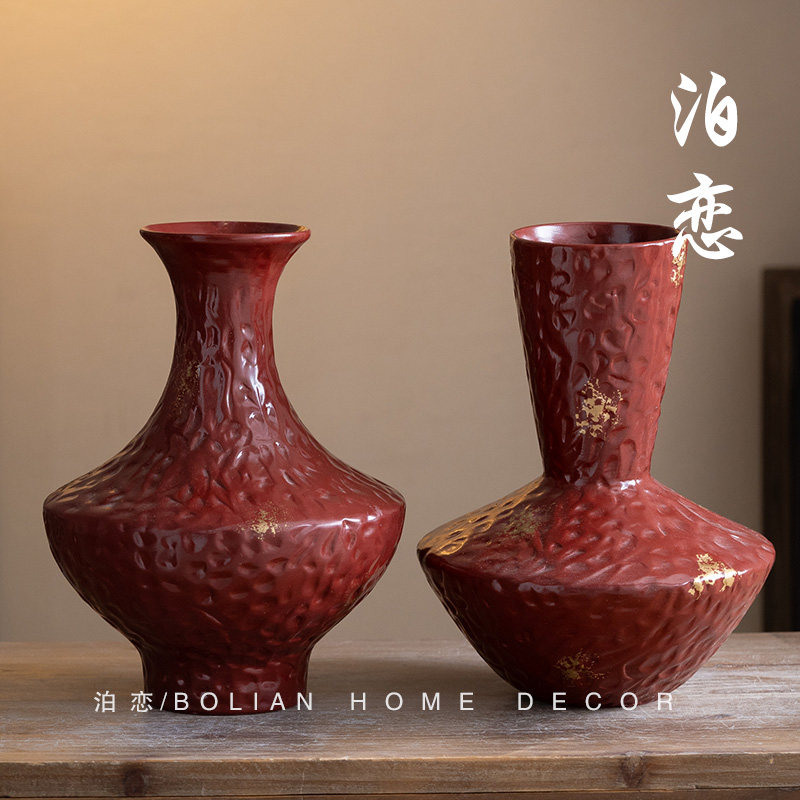 景德镇复古红色艺术感造型陶瓷花瓶客厅插花乔迁送礼居家装饰摆件