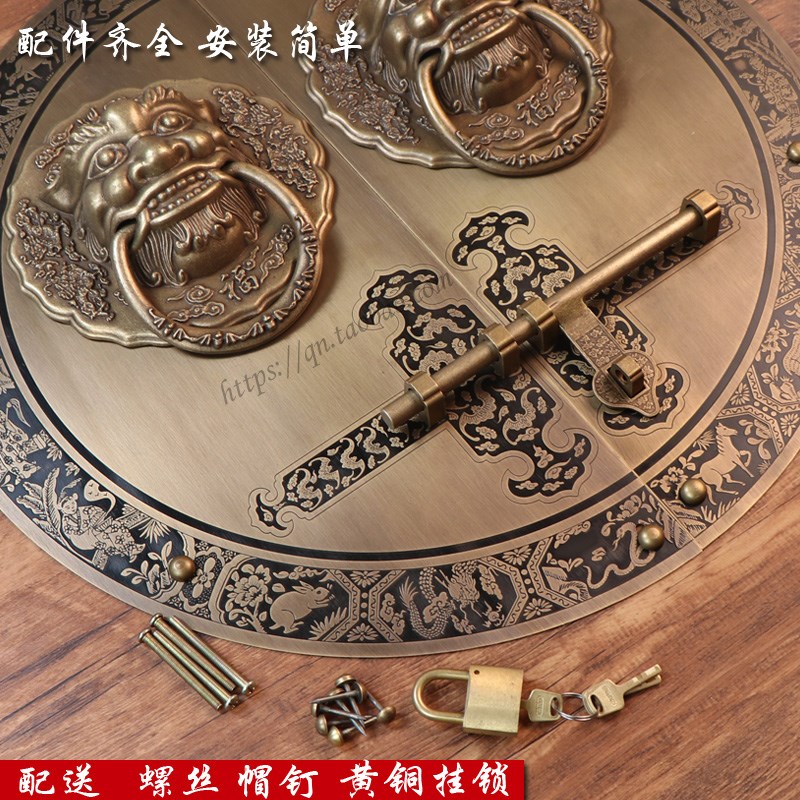 仿古中式狮子头拉手大门栓锁扣插销铜配件明装门锁黄铜兽头大门环