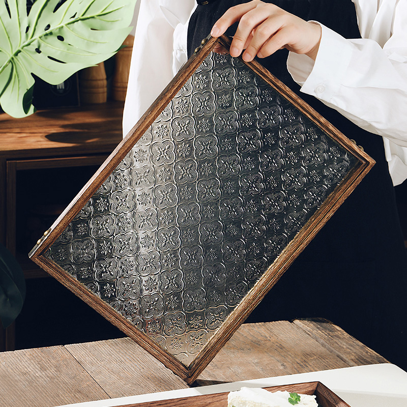 复古海棠花玻璃托盘家用长方形胡桃木小茶盘杯子收纳水果盘点心盘
