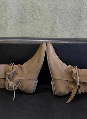 内增高 白色切尔西靴子女蝴蝶结平底方头短靴覆古真皮显瘦西部靴