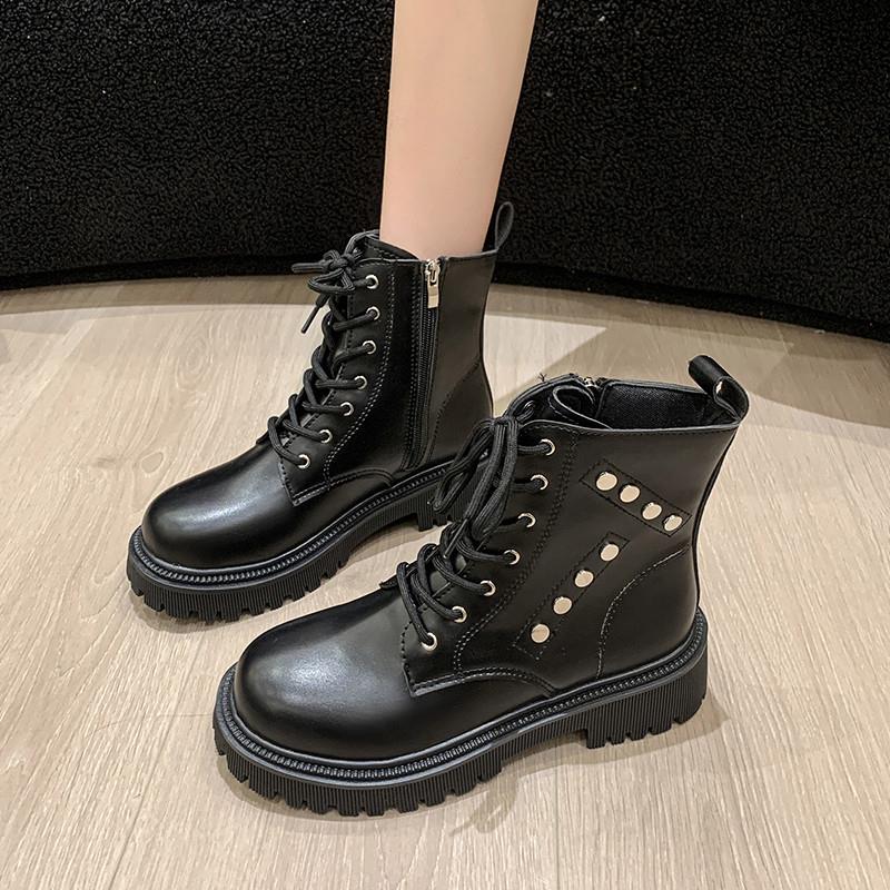 黑色马丁靴女2025年秋冬新款大码百搭侧拉炼厚底机车靴英伦风短靴