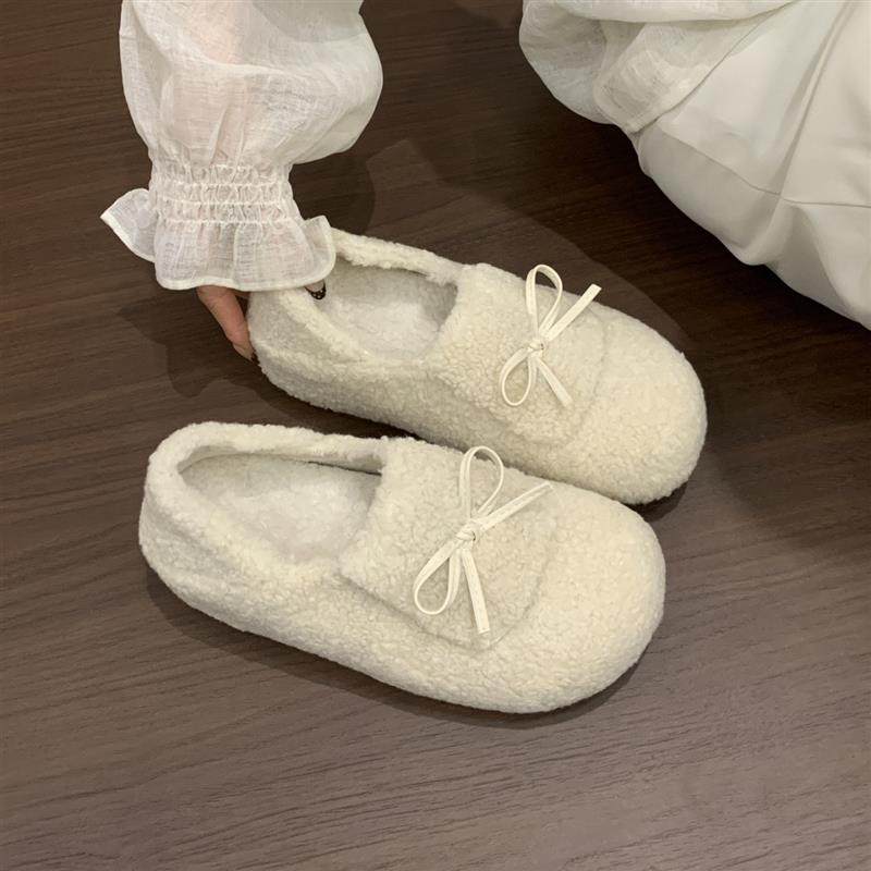 2025年秋冬新款蝴蝶结休闲单鞋女平底羊羔毛毛毛鞋保暖棉鞋豆豆鞋,女鞋,棉鞋,淘宝优惠券,粉丝福利购,淘宝优惠卷