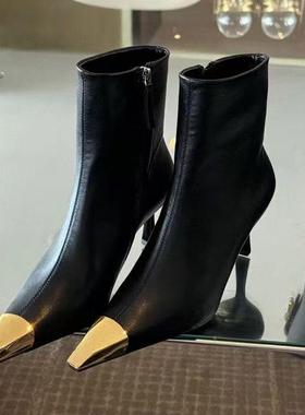 尖头高跟短靴女2025新款秋冬季黑色时装细跟法式气质加绒及踝靴子