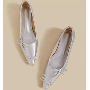 坡跟浅口蝴蝶结显瘦一脚蹬单鞋 气质尖头仙女鞋 女代发 法式 韩版