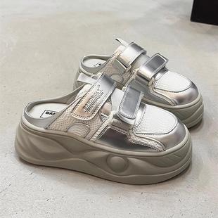 外穿懒人休闲一脚蹬 魔术贴厚底夏季 欧货银色超火半拖鞋 女2025新款