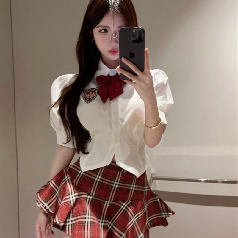 夏季学院风套装女jk制服甜辣设计感收腰短袖衬衫高腰裤裙两件套女