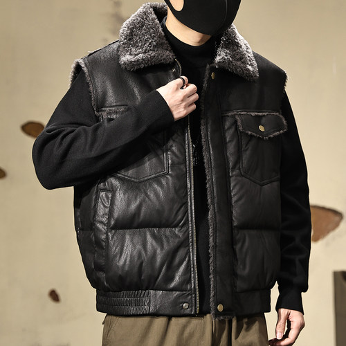 冬季裂纹羊羔绒加厚保暖皮衣马甲