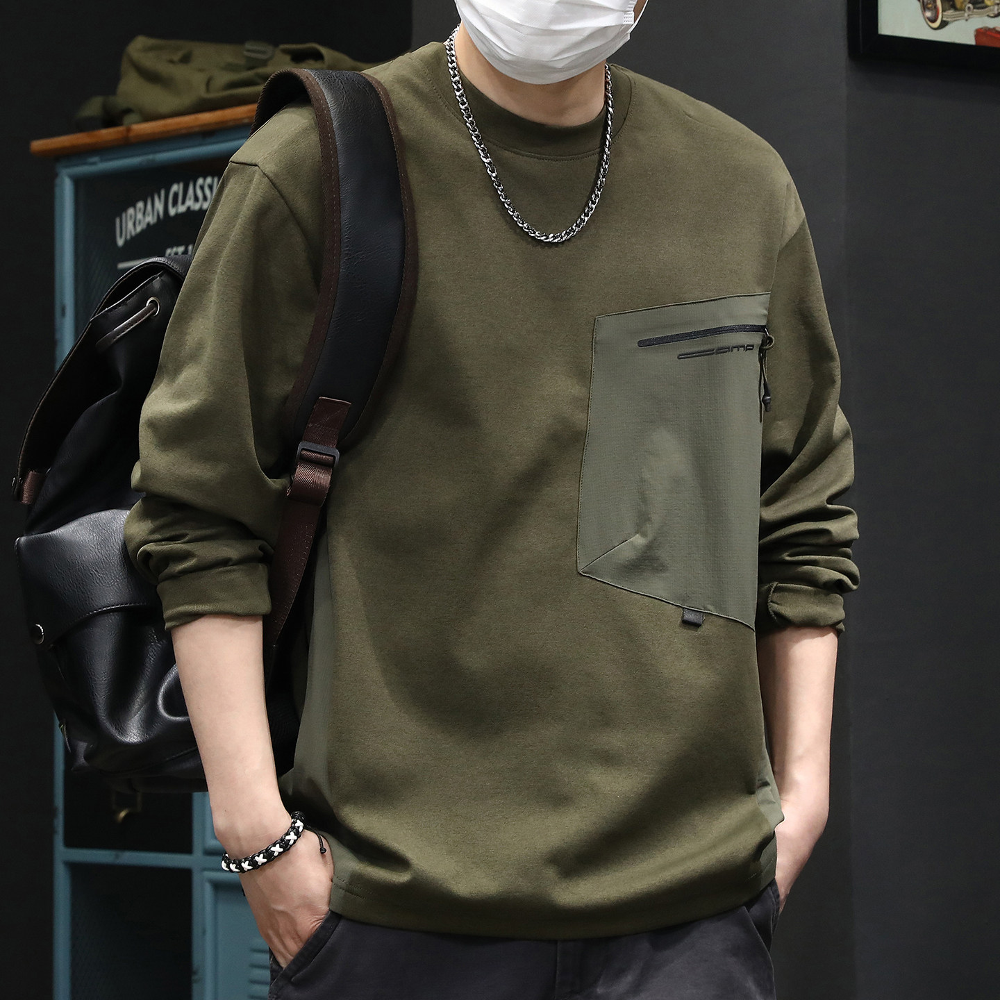 高端日系户外轻量透气长袖T恤男士春季新款潮流拼色贴袋宽松上衣,男装,T恤,淘宝优惠券,粉丝福利购,淘宝优惠卷