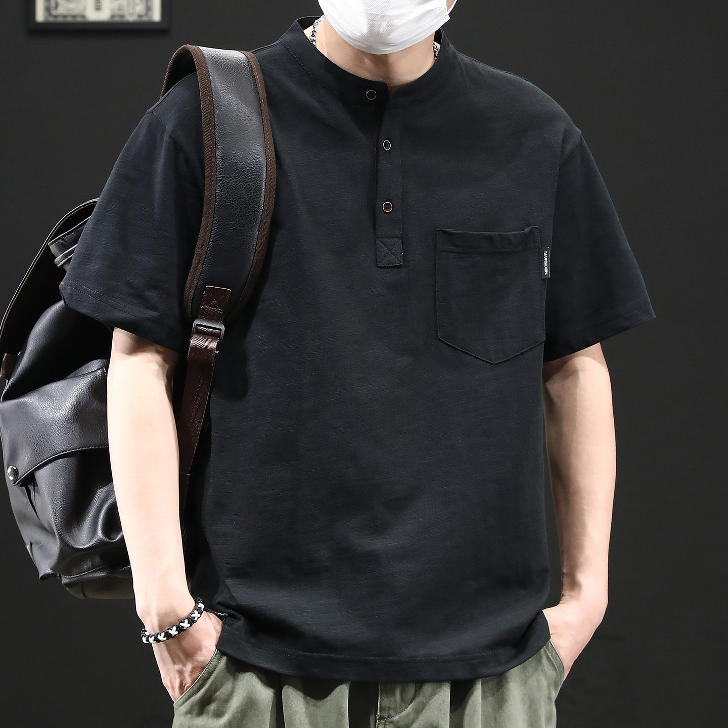 高端竹节棉日系简约POLO衫男夏季宽松大码短袖t恤重磅立领体恤男