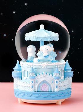 玉桂狗发光水晶球城堡自动飘雪大耳狗八音盒礼品情人节生日礼物