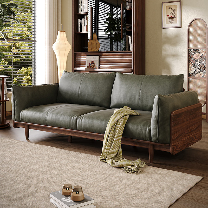 实木沙发新中式大小户型客厅真皮沙发黑胡桃木沙发现代简约直排