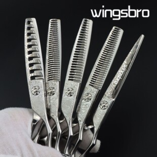 wingsbro 6.5英寸大马士革美发剪理发打薄剪鹿角齿无痕齿鱼骨齿
