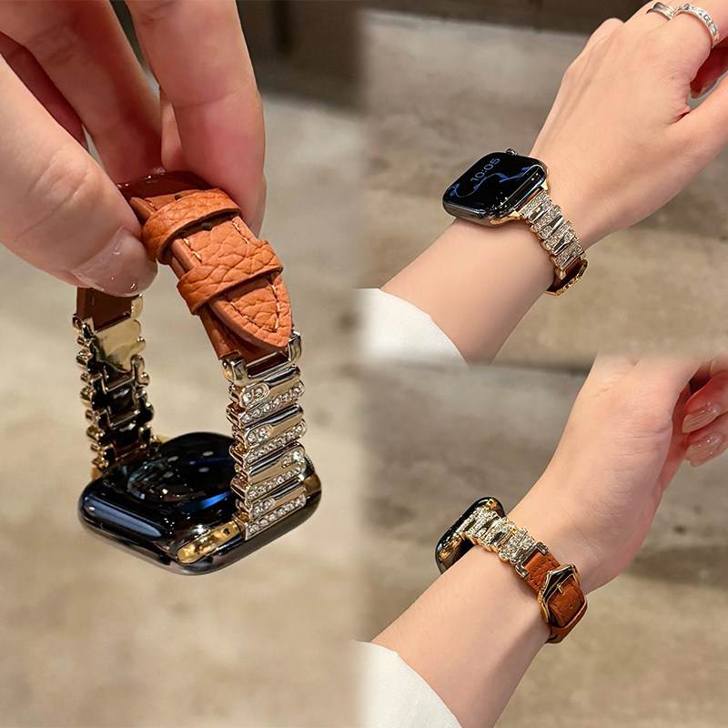 适用苹果手表表链s11镶钻荔枝纹