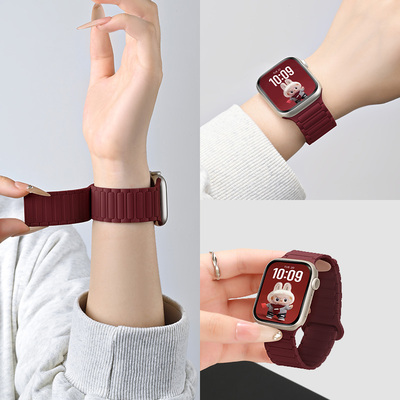 适用苹果手表磁吸表带酒红新年冬