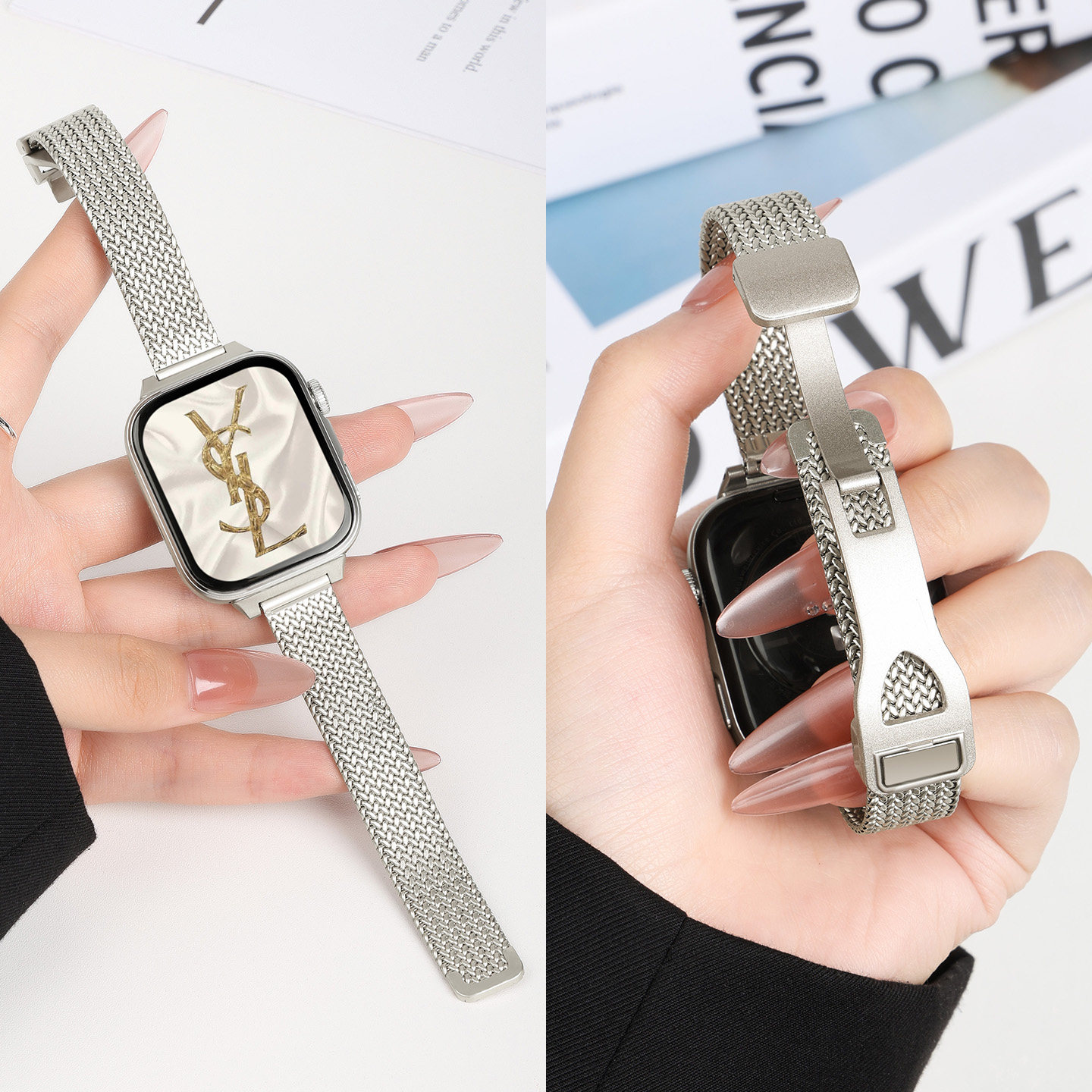 麦穗折叠磁吸扣适用华为fit4手表表带fit4pro版iwatch春夏表带金属不锈钢高级感运动夏天fit3智能手表带女生