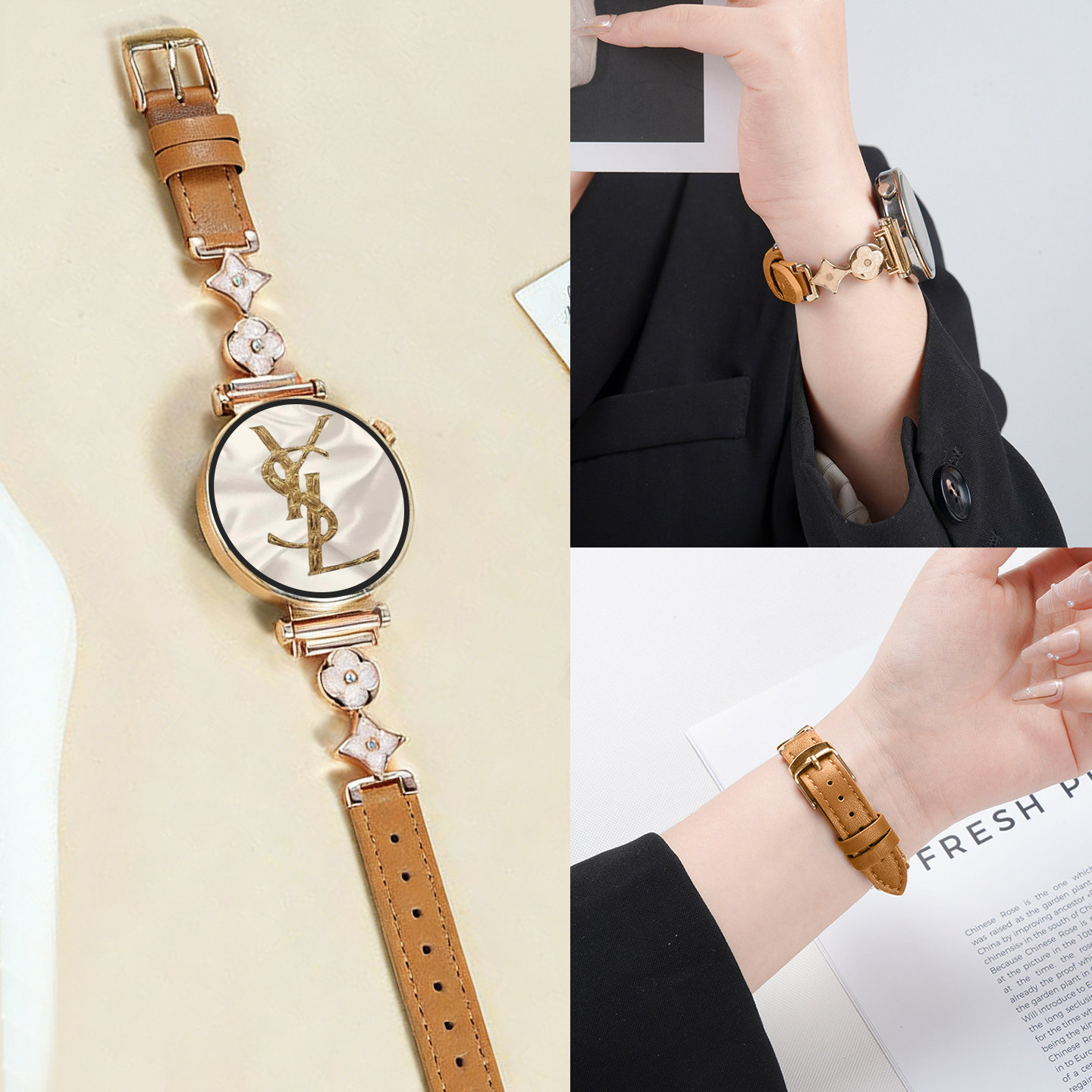 适用华为GT6手表带5pro四叶花拼真皮GT5运动水钻gt4智能运动小蛮腰女生watch5新款watch4pro表链小香风秋冬款,智能设备,智能手表手环表带/腕带,淘宝优惠券,粉丝福利购,淘宝优惠卷