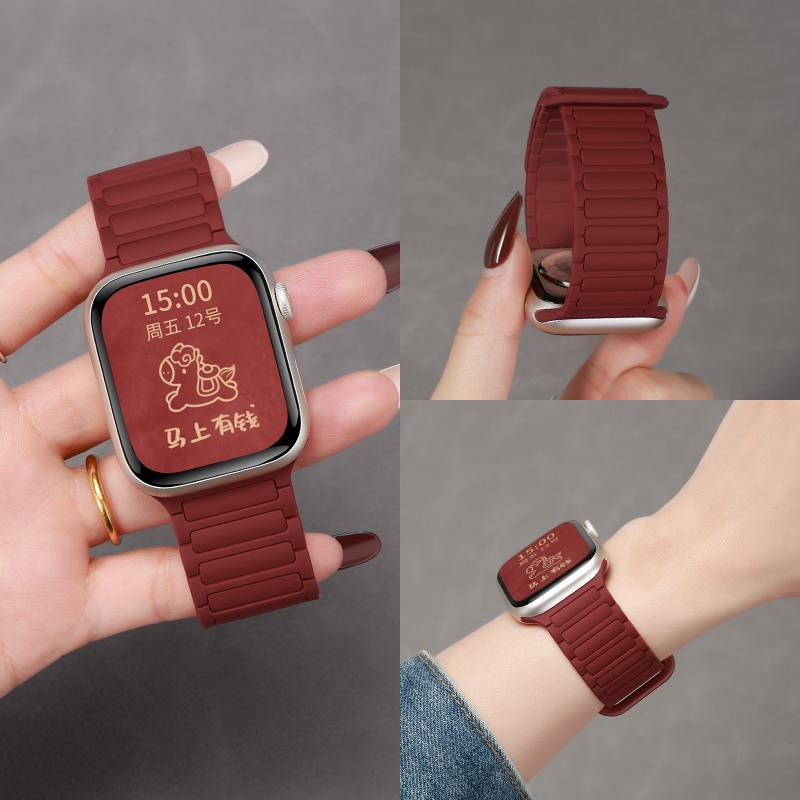 适用苹果s11手表带红色运动透气