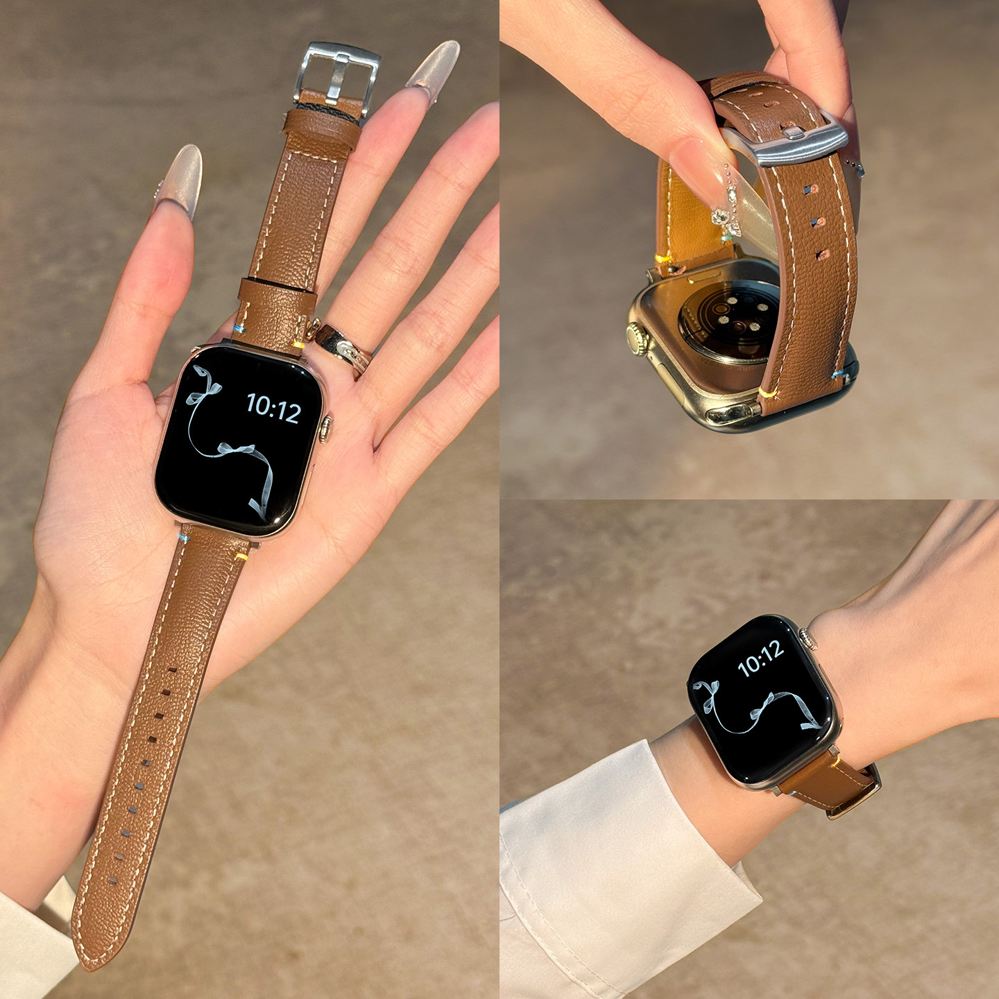 适用iwatchs11苹果手表表带女款s10轻奢小众高级感series9春夏季新款applewatch真皮防水智能精致小羊皮腕带