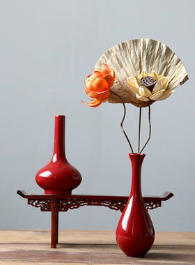 跨境红色陶瓷复古小花瓶喜庆结婚乔迁新年装饰摆件高级感定制