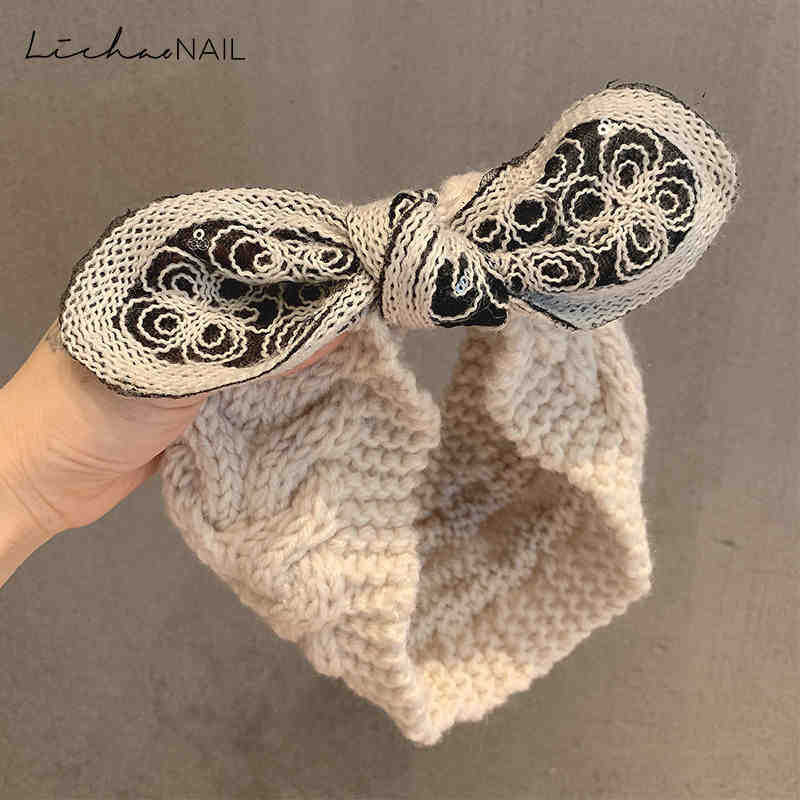 跨境厂家直销韩国网飘带针织毛线蝴蝶结亮片甜美发带发箍头箍发饰