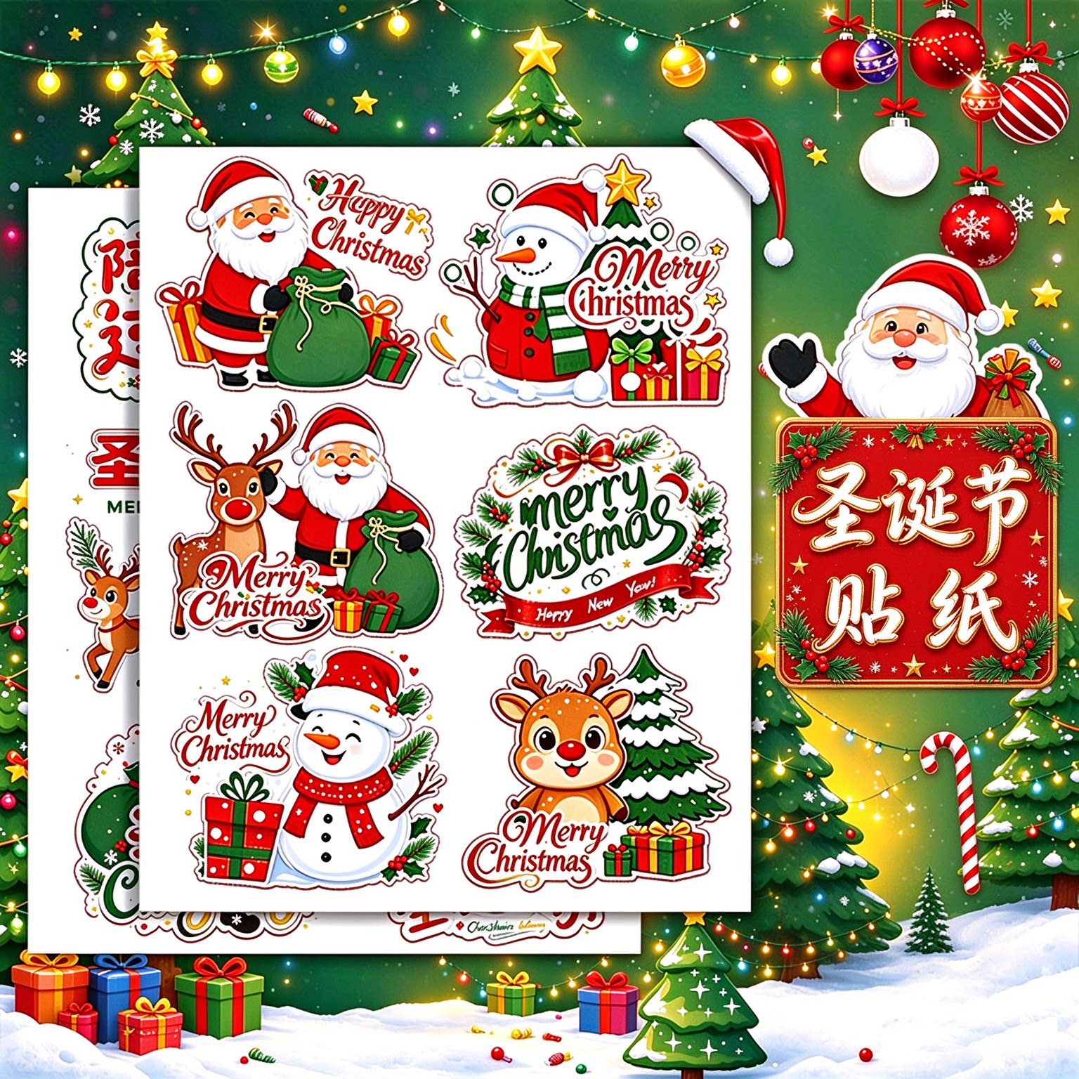圣诞节老人麋鹿防水自粘封口贴纸