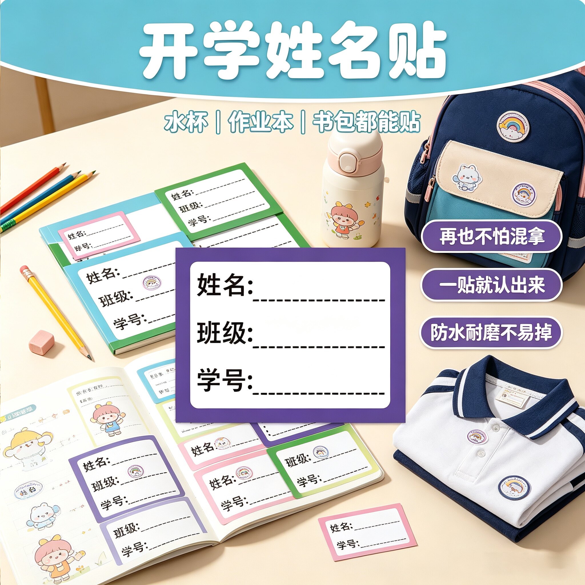 520贴姓名贴纸经典八色学生小朋友课本姓名班级学号标记防水装饰书本墙面素材耐磨不干胶标签diy自粘封口贴画