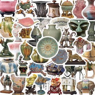 饰手账本diy贴画粘贴写实标签 206张国潮艺术美学中国古代文物贴纸瓷器青铜器三星堆面具装 大图释官方授权