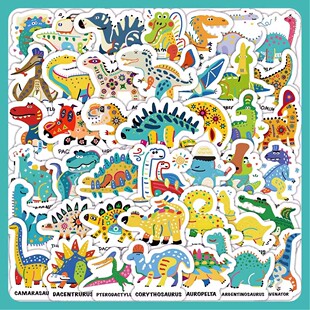 60张卡通彩色小恐龙可爱贴纸ins风创意装 饰笔记本文具手帐diy贴画