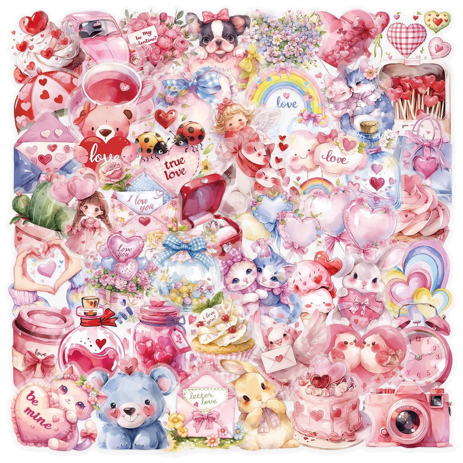 粉色情人节贴纸玫瑰花礼物爱心小熊气球浪漫卡通装饰diy手账防水,文具电教/文化用品/商务用品,贴纸/立体贴纸,淘宝优惠券,粉丝福利购,淘宝优惠卷