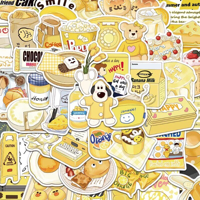 150张黄色盐系贴纸食物小物件手机壳笔记本行李箱装饰防水贴纸diy
