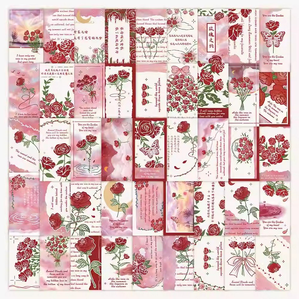 粉色系玫瑰插画书签贴纸