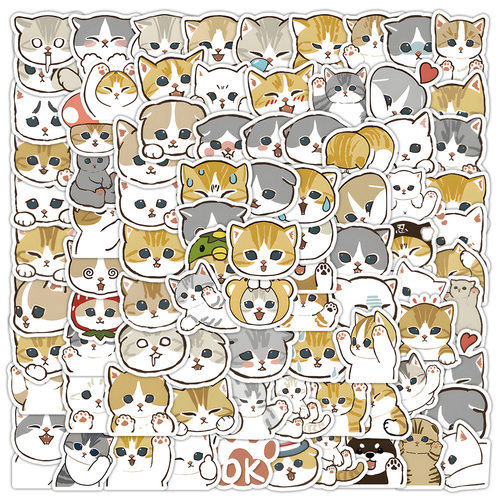 102张可爱小猫贴纸 呆萌风格卡通宠物猫咪小插画行李箱防水小贴画