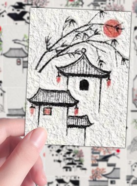 160张古村一隅绘画贴纸古风山水水墨涂鸦超简单简笔国画笔记防水