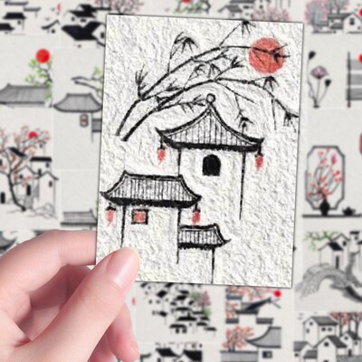 160张古村一隅绘画贴纸古风山水水墨涂鸦超简单简笔国画笔记防水