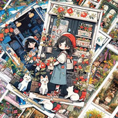 50张治愈系花店中 小女孩与猫咪贴纸可爱卡通创意ins风装 饰防水