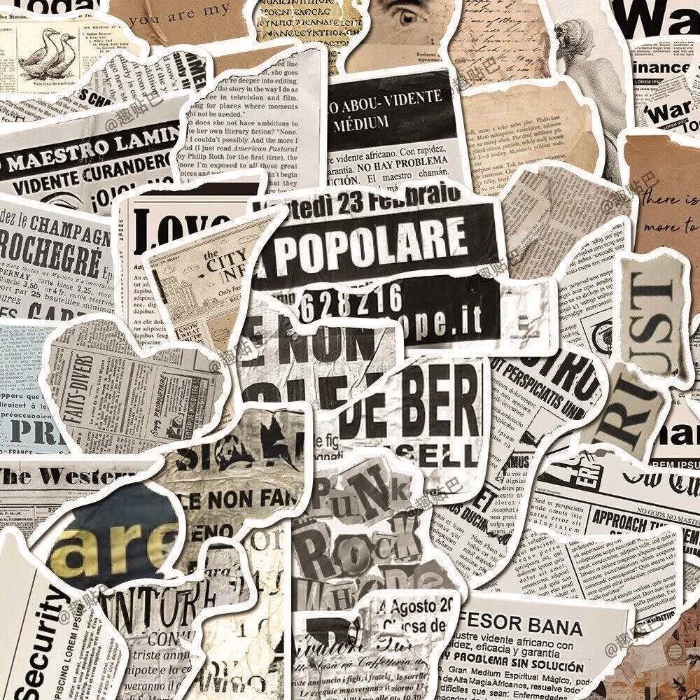 52张碎片文字报纸英文复古卡通装饰手账行李箱防水标签素材小贴画