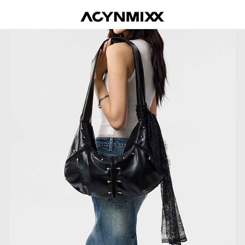 Acynmixx黑色蕾丝包半月饺子包大容量托特包通勤松弛感单肩斜