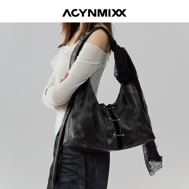 Acynmixx复古擦色蕾丝包大容量单肩托特包女小众设计通勤斜挎