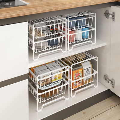 厨房橱柜内分层架抽屉式置物架子拉篮免打孔抽拉碗盘调料收纳双层