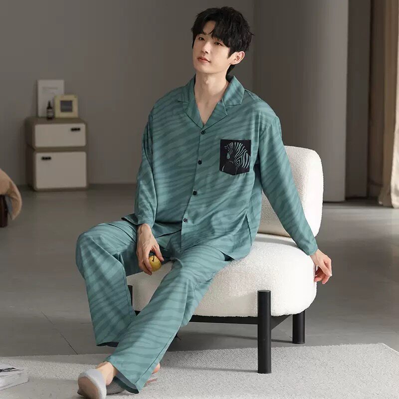 男士冰丝睡衣长袖开衫家居服套装家居服加工定制