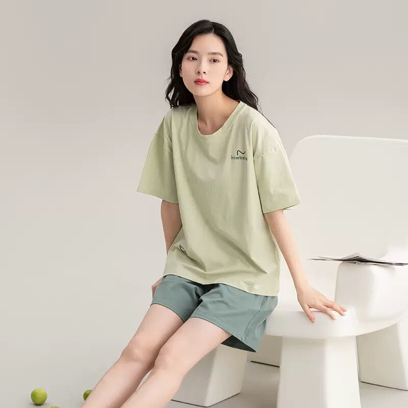 简约风纯棉家居服女夏季短袖短裤家居服加工定制