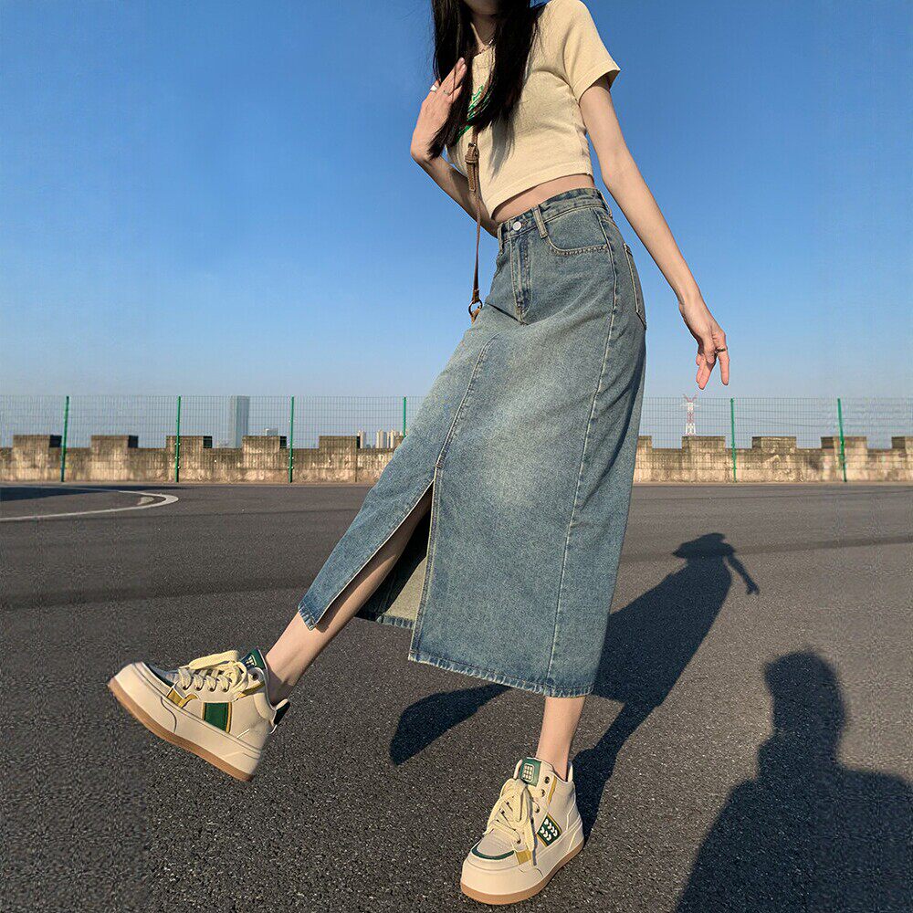 高腰显瘦牛仔半身裙女夏季新薄款遮跨a字休闲开叉包臀中长款裙子