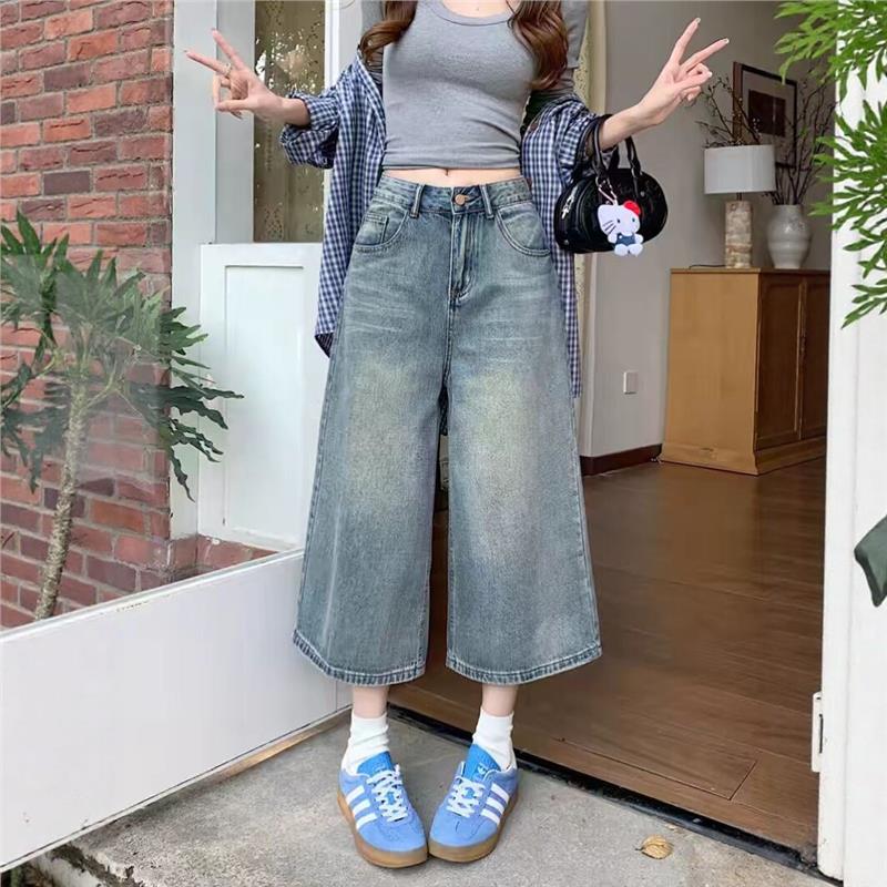 复古七分牛仔裤女夏季新款阔腿裤