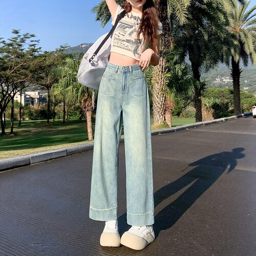 直筒牛仔裤女夏季薄款高腰阔腿裤