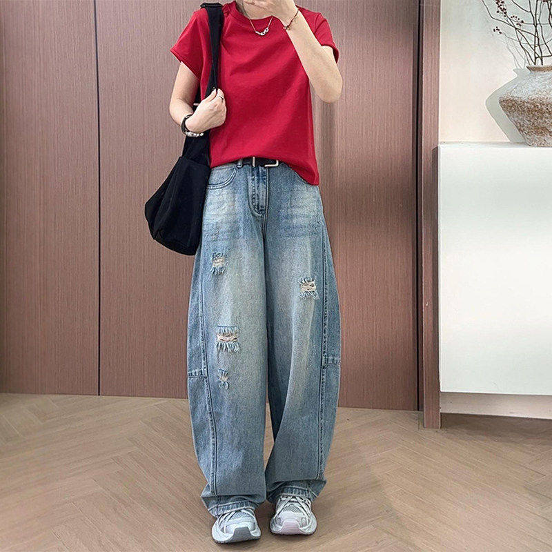 破洞阔腿弯刀牛仔裤女夏季薄款高腰显瘦遮跨直筒裤潮牌百搭长裤子