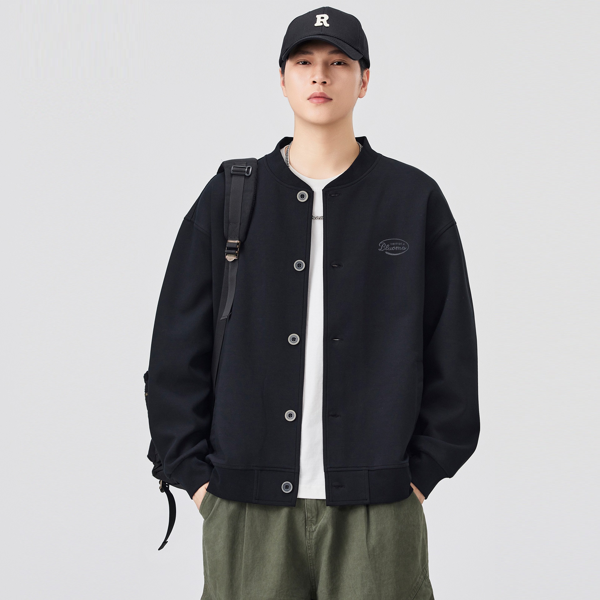 新款美式宽松开衫立领休闲夹克男