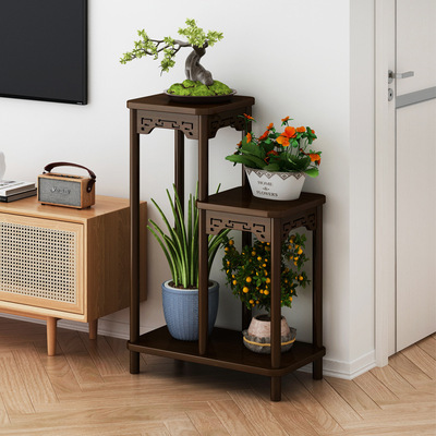 客厅电视柜两边摆设花架实木中式花台阳台家用落地式室内置物架多