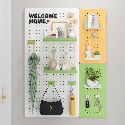 墙上洞洞板玄关隔板置物架金属免打孔挂板学习书桌收纳墙面展示架