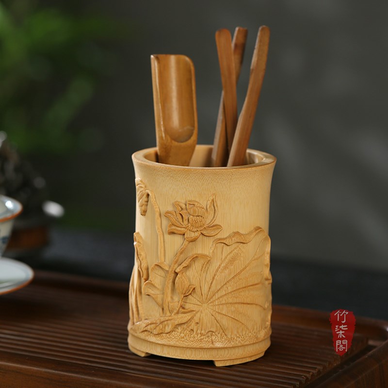 复古纯手工雕刻金竹笔筒竹编六君子茶道筒茶具收纳筒茶桶竹筒茶道